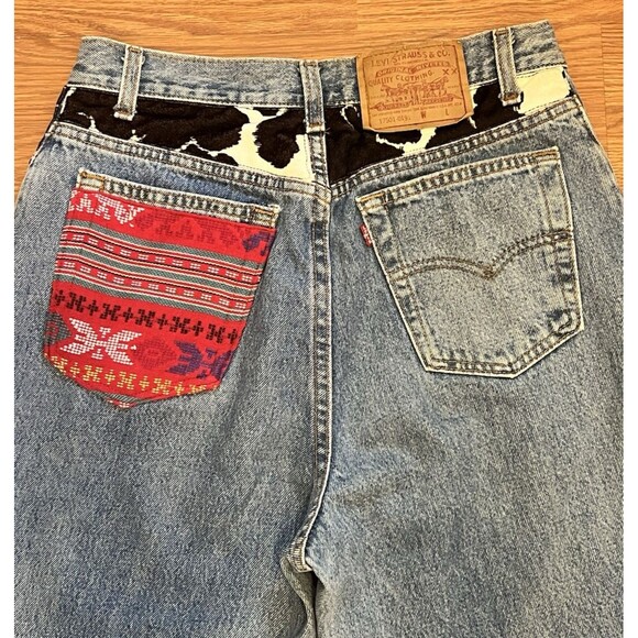 Vintage 90's LEVI'S 501 Upcycled Reworked Patchwork Aztec Boho Beads Jeans 29x31 - Picture 4 of 14